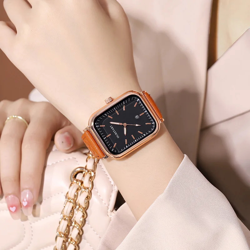Square Women Quartz Watch Fashion Popular Ladies Watches Diamond Pattern Leather Strap Calendar Female Wristwatch Girl Gifts