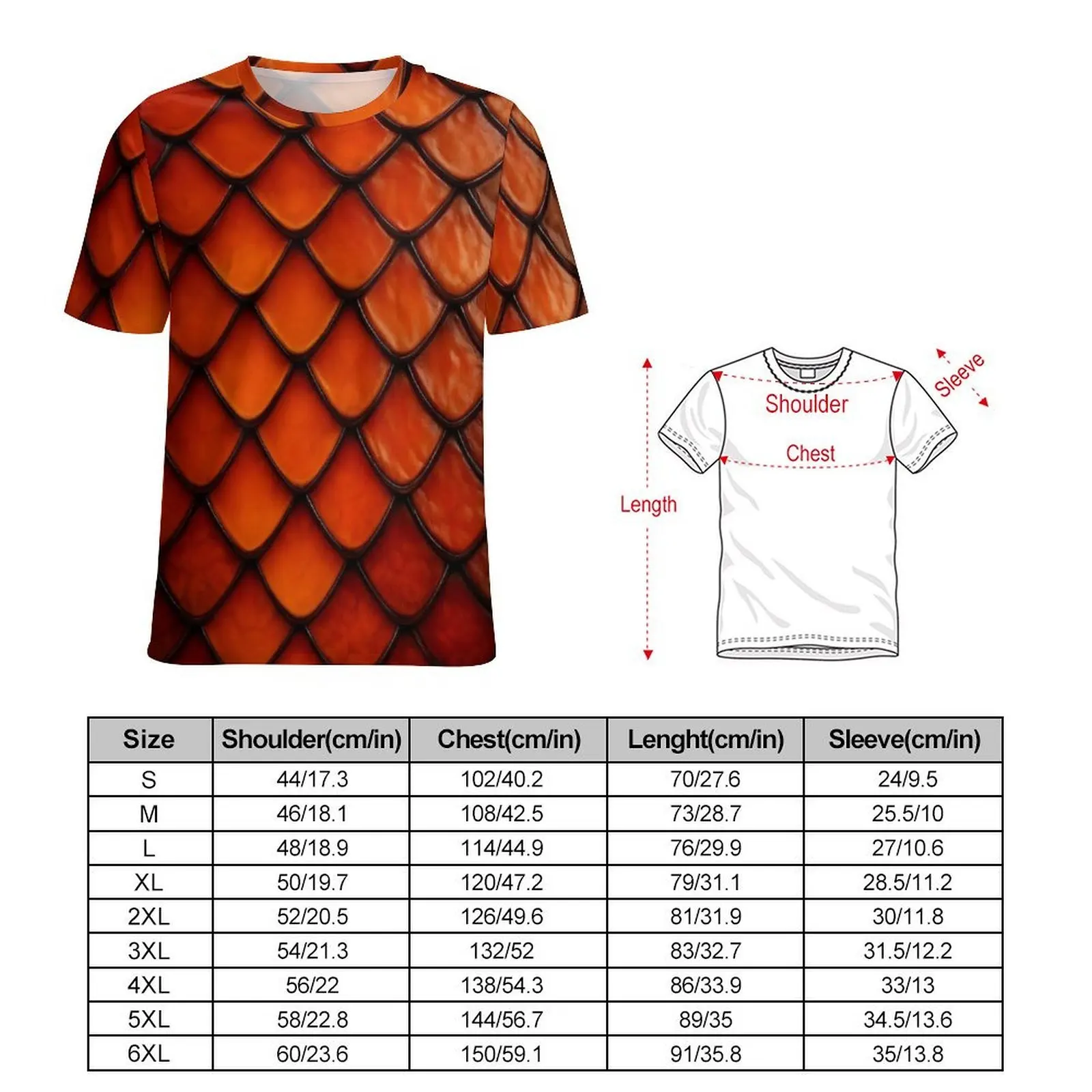 Beach T-Shirt Orange Dragon Scale Print T-Shirts  Aesthetic Popular Tee Shirt For Man Short Sleeve Printed Oversized Clothing
