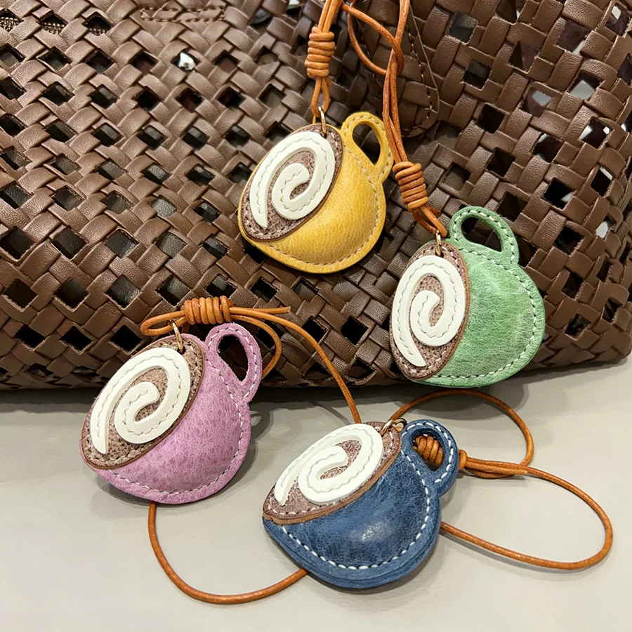 Coffee Cup Latte Art Cow Leather Bag Charm Keychain Cute Hanging Ornament For Coffee Lovers Cute Keychain Bag Pendant