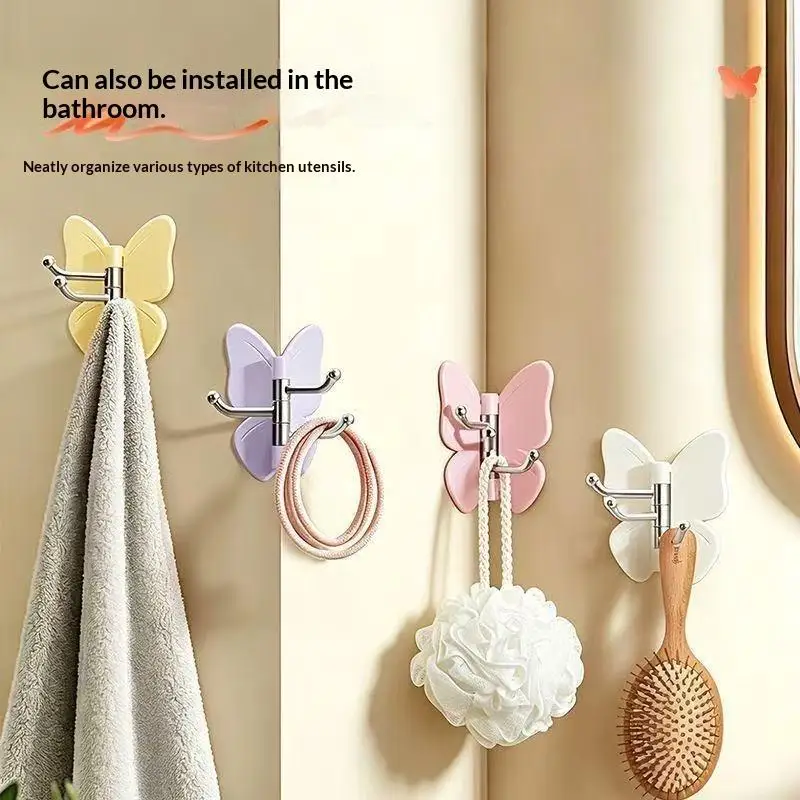 Cute Butterfly Self Adhesive Wall Hooks 360 Degree Rotation 3 Hooks For Bathroom Kitchen Home Hanging Jewelry Towels Small Item