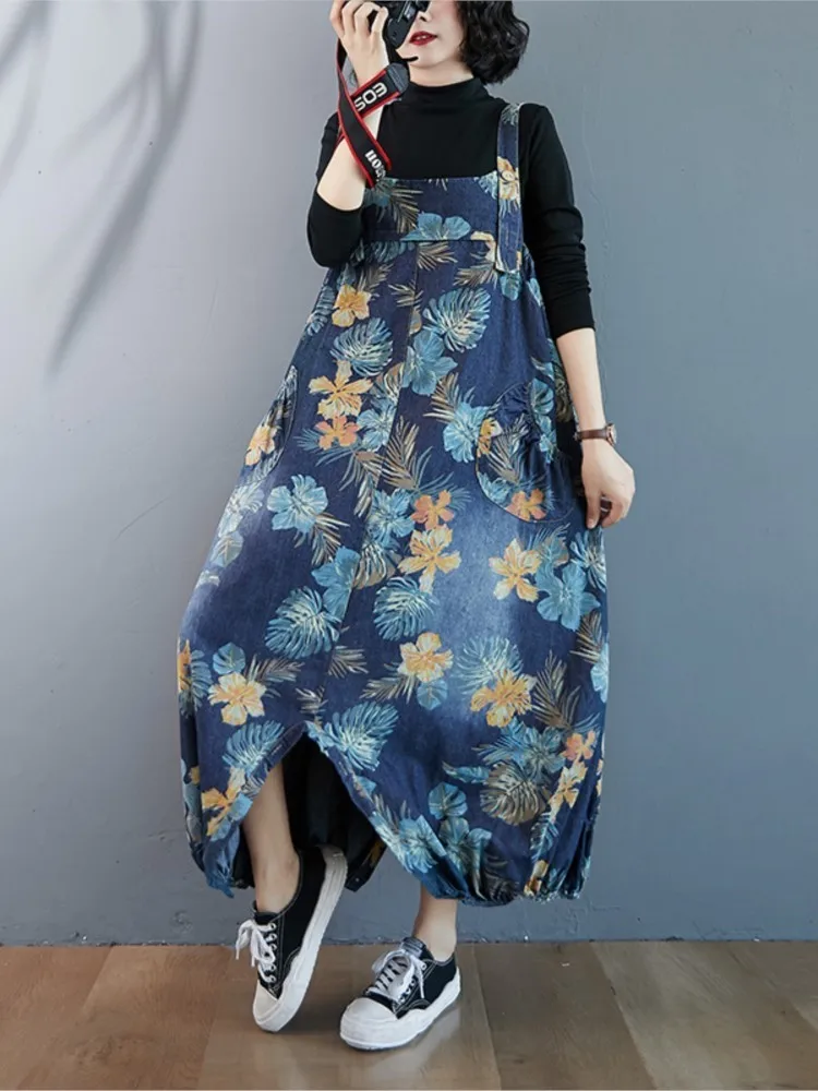 Jeans Autumn Sleeveless Overalls Pant Women Flower Floral Fashion Ladies Overalls Trousers Pleated Loose Woman Oversized Pants