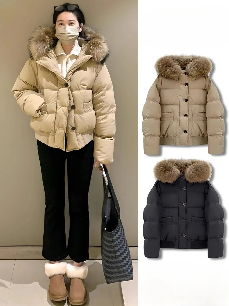 Manteau court rembourré kaki pour femme, veste en coton, grand col en fourrure, vêtements de travail, Parka à capuche, nouvelle collection hiver 2025