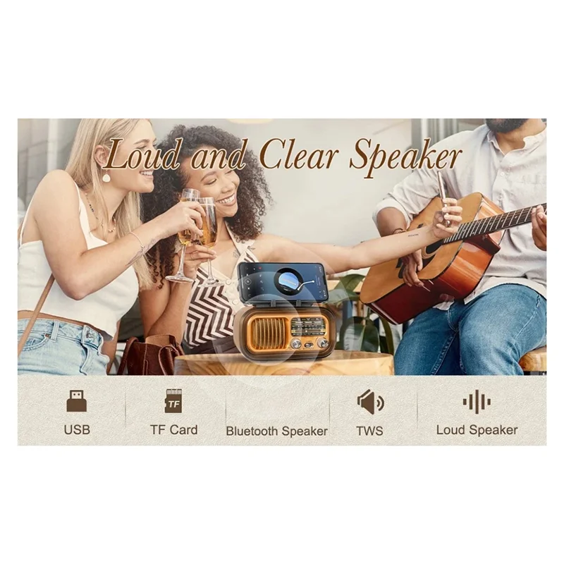 

B03B-Retro Portable Radio - AM/FM/SW, Bluetooth, Solar/D Battery/USB-C, TWS, TF/USB Playback, Vintage Sound