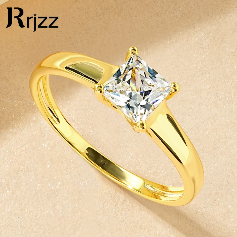 

Rrjzz Princess Cut Single CZ Simulated Diamond Women's Ring 14k Gold Plated Engagement Ring for Woman Wedding Jewellery Gifts