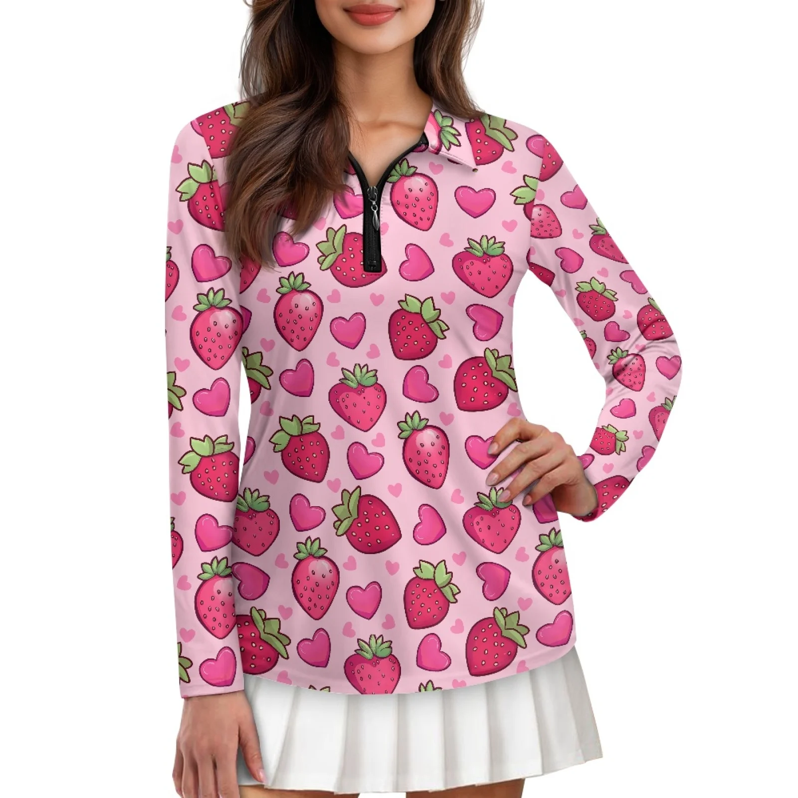PENSTROLL Strawberries Womens Lightweight Active Pullover Stretchy Ladies Golf Polo Shirts for Winter