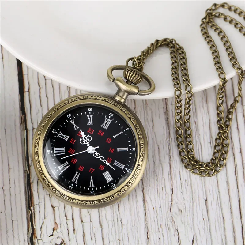 Antique Style Clock Men Women Quartz Movement Pocket Watch with Roman Numeral Dial Necklace Pendant Chain Open Face Timepiece