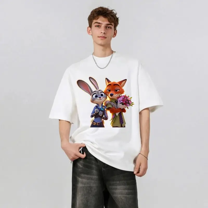 Zootopia جودي هوبس نيك وايلد أنيمي زوجين 2025 صيف جديد عادية تي شيرت للنساء الشارع موضة الكرتون طباعة ملابس علوية من القطن