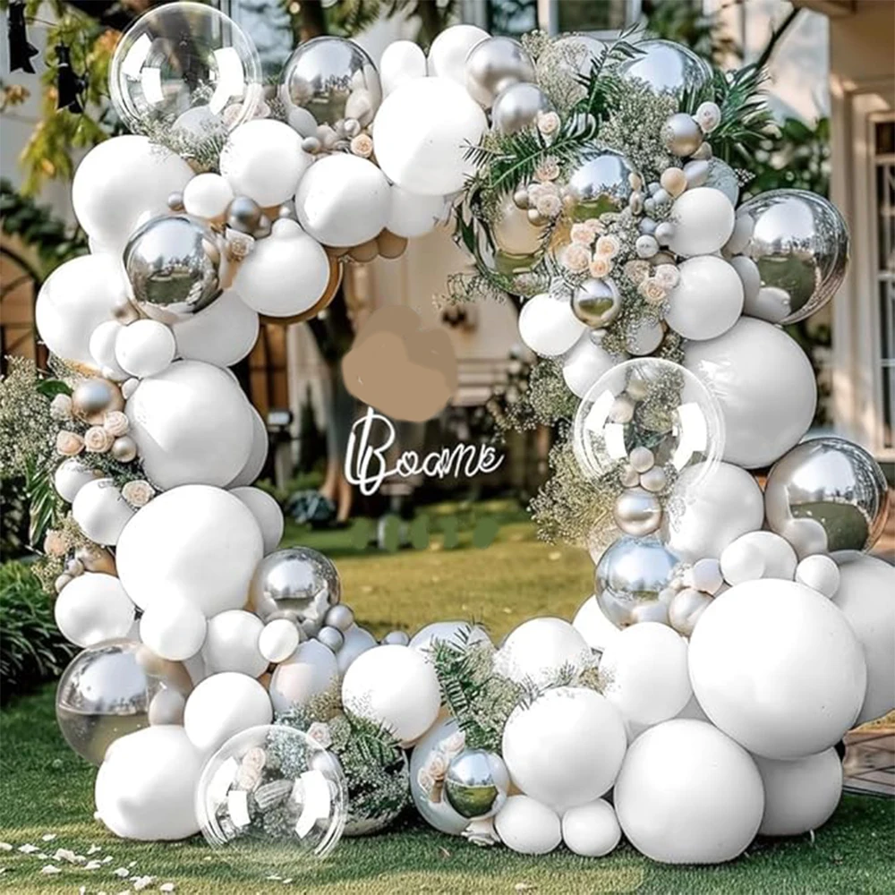 90pcs White Silver Balloon Garland Silver Balloon White Pearl balloon Arch Kit for Baby Shower Birthday Wedding Party Decor