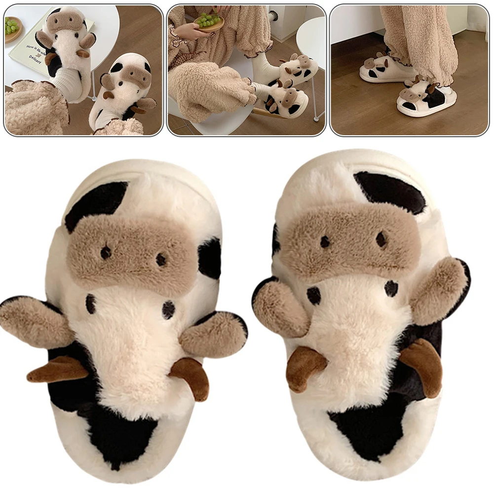 Women Plush Closed Toe Slippers Anti Slip Cow Slippers Soft Furry Slippers Comfortable Cute Household Supplies