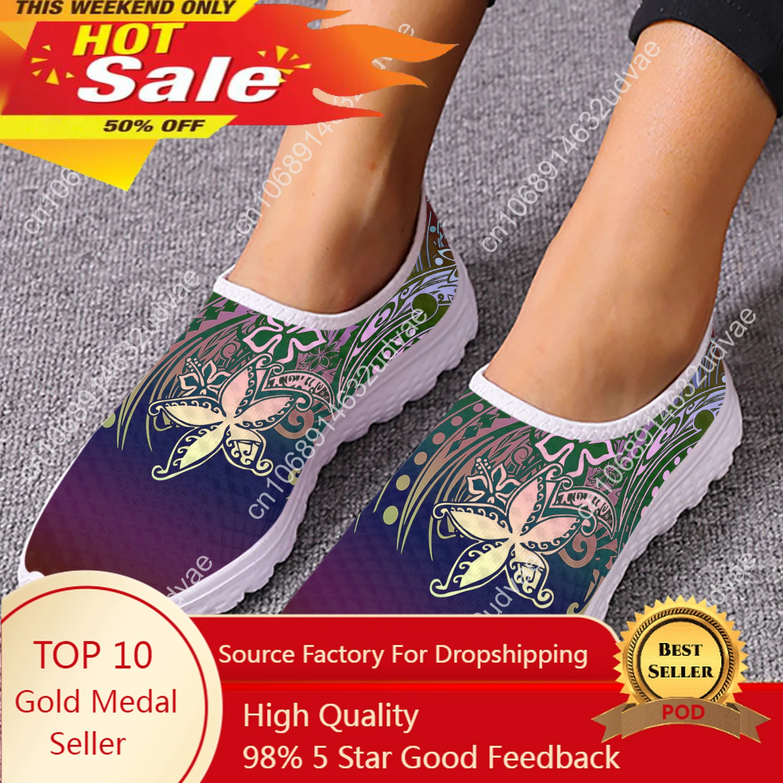 

Tribal Polynesian Plumeria Flower Prints Flat Shoes for Women Light Slip-on Casual Loafers Summer Cool Mesh Sneakers