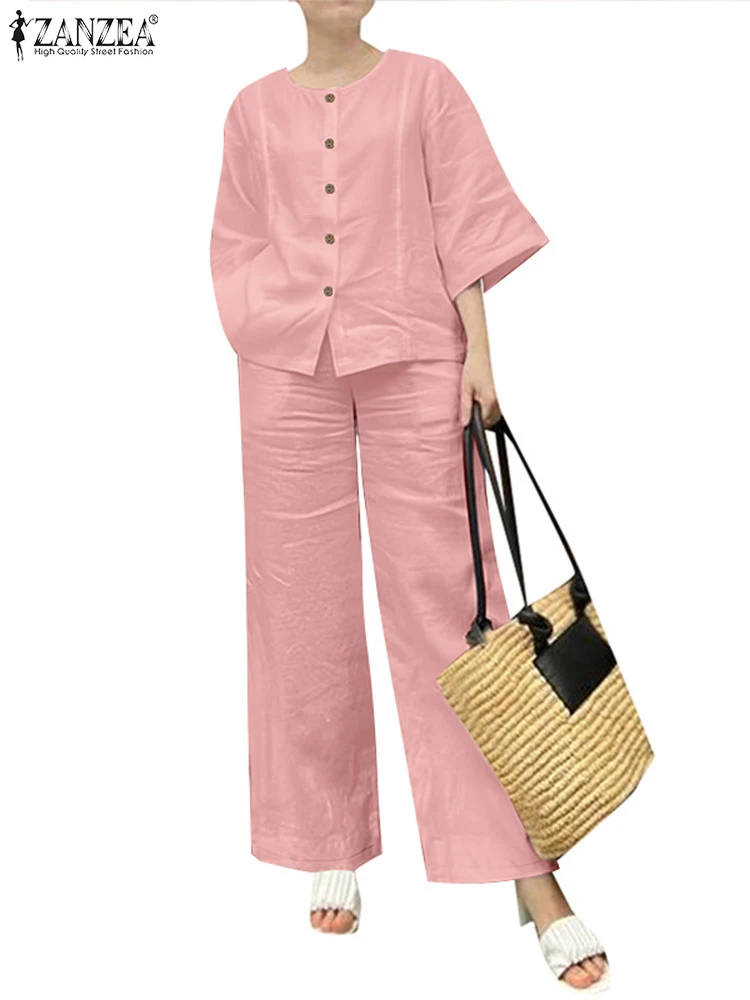 

ZANZEA 2PCS Fashion O Neck Long Sleeve Blouse Wide Leg Trousers Suit Women Work Matching Sets Casual Outfits Spring Pant Sets