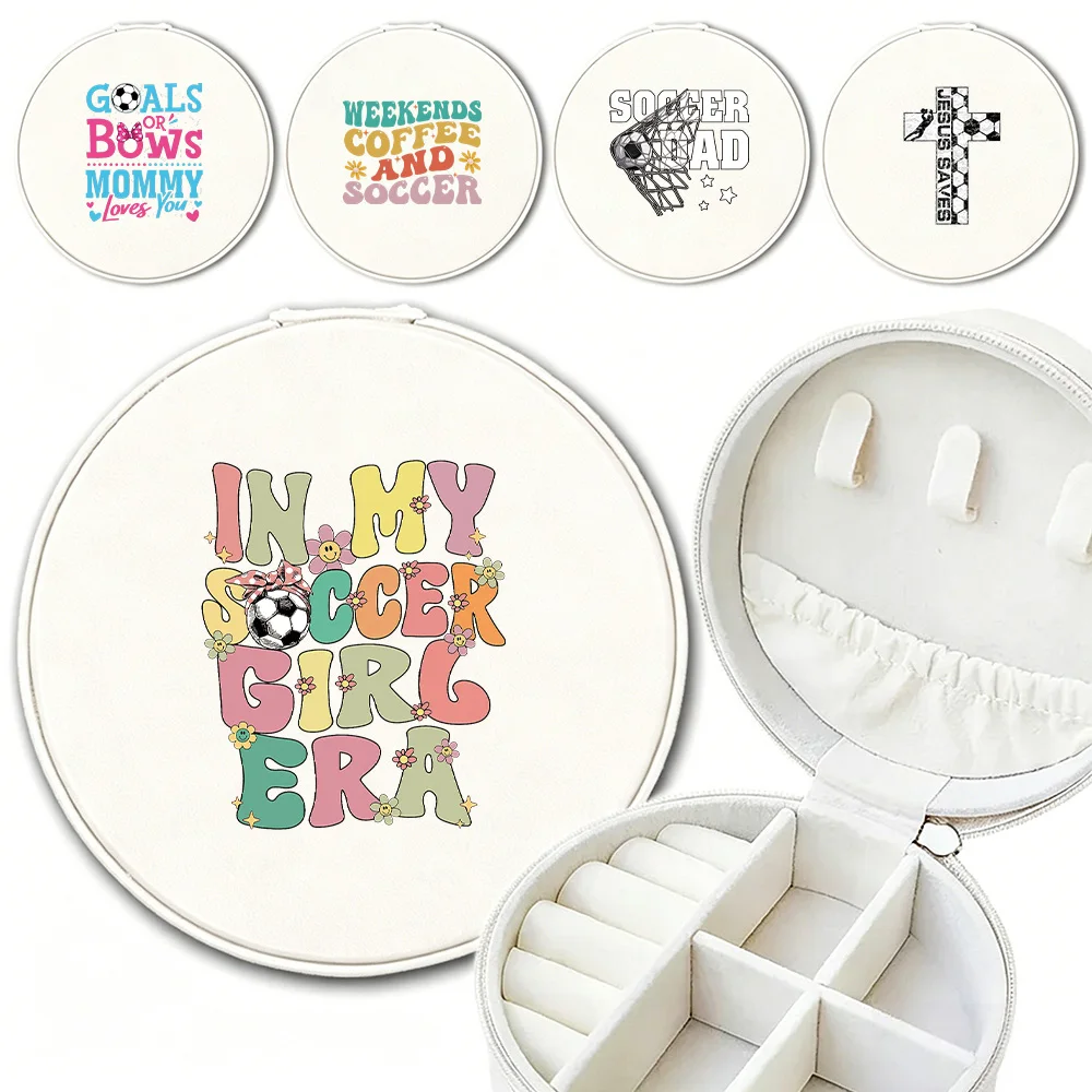 

Round Canvas Travel Jewelry Box Portable Mini Jewelry Organizer Case With Zipper For Rings & Earrings Soccer Text Pattern