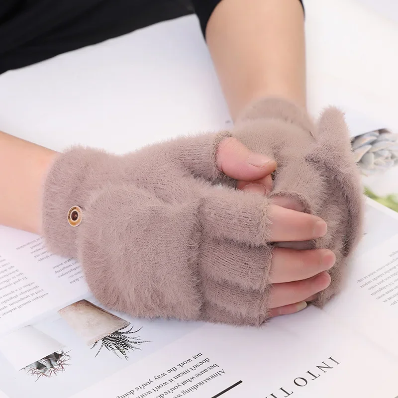 2021 Winter Warm Gloves Female Flip Fingerless Cartoon Cat Claw Gloves Male Thick Plush Warm Writing Half-finger Work Gloves