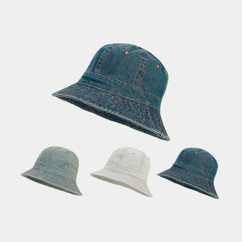 Washed Denim Bucket Hat with Contrast Stitching Casual Retro Sun Cap