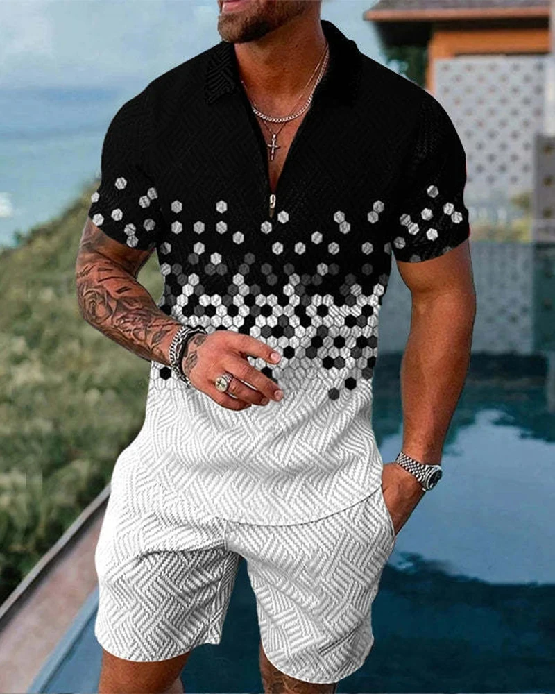 Man Clothes Boho Geometric Style 3D Print Men Polo shirts Set Zipper Lapel Polo Sets Zipper Collar+Shorts 2pcs Hawaii Holiday