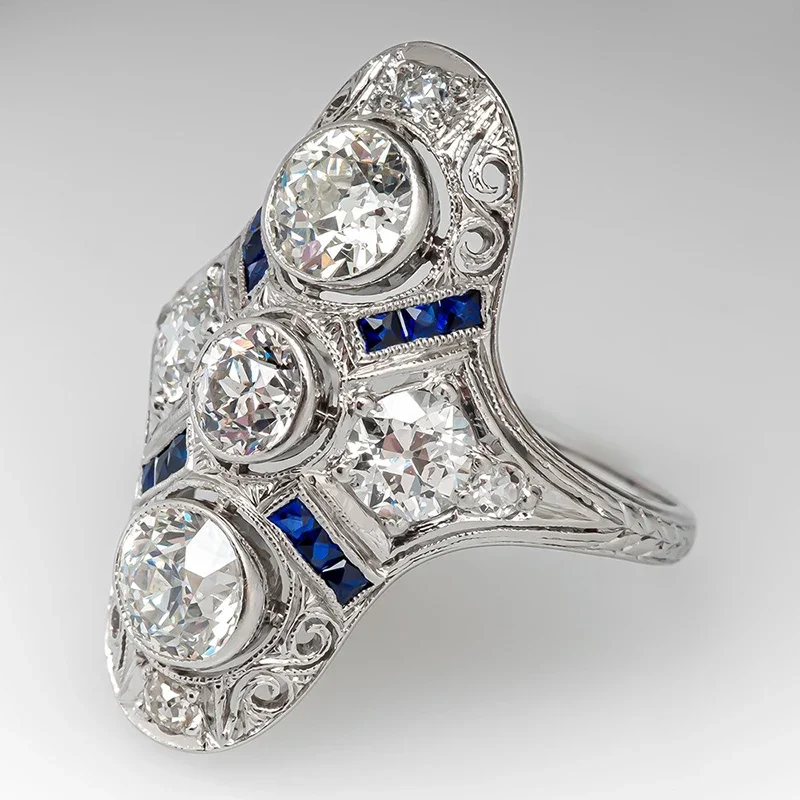 Huitan Gorgeous Wide Rings for Women Unique Design Blue/Green CZ Hollow Rings Vintage Accessories Daily Wear Party Lady Jewelry