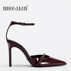 Fashion Dark Red Ankle Strap Pumps Women Point Head Patent Leather Stilettos Summer Sexy Thin High Heels Sandals For Woman