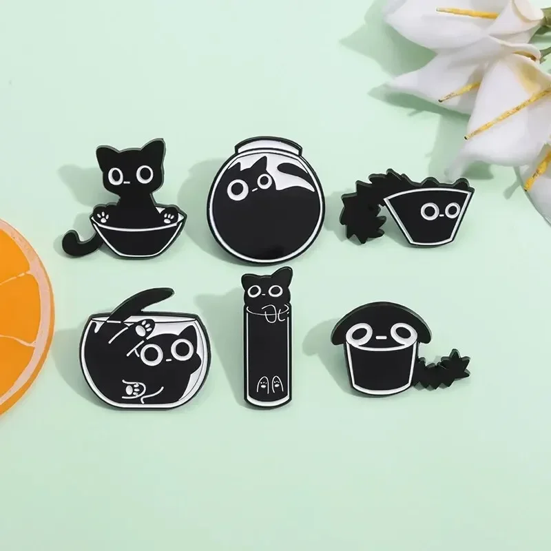 7Pcs/Cute Cat Enamel Pins Custom Black Kitten Terrarium Brooches Lapel Metal Badges Cartoon Animal Jewelry Gift for Kids Friends