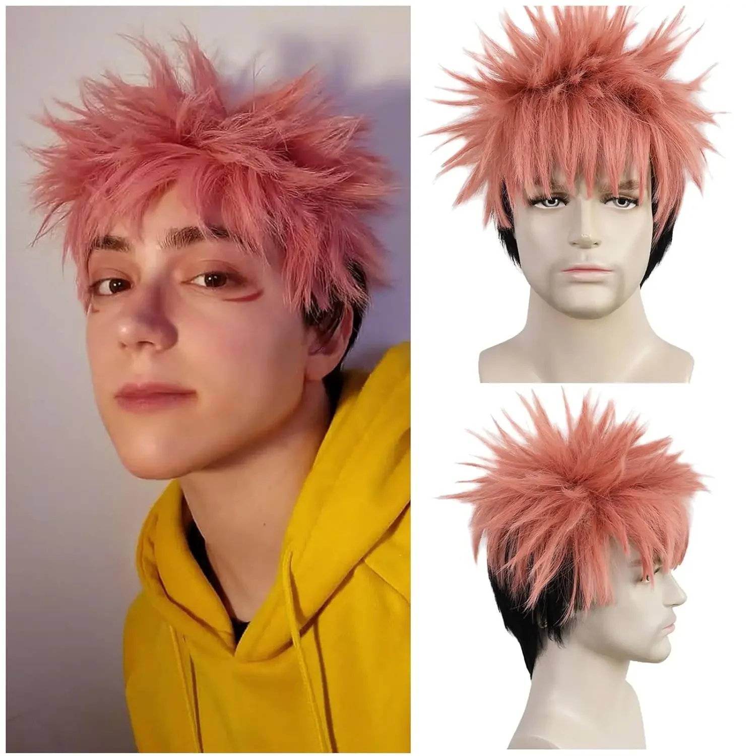Itadori Yuji Perücke Rosa Schwarz Anime Perücke Jungen Kurze Rosa Perücke Herren Cosplay Perücke Hitzebeständige Synthetische Halloween Kostüm Perücke