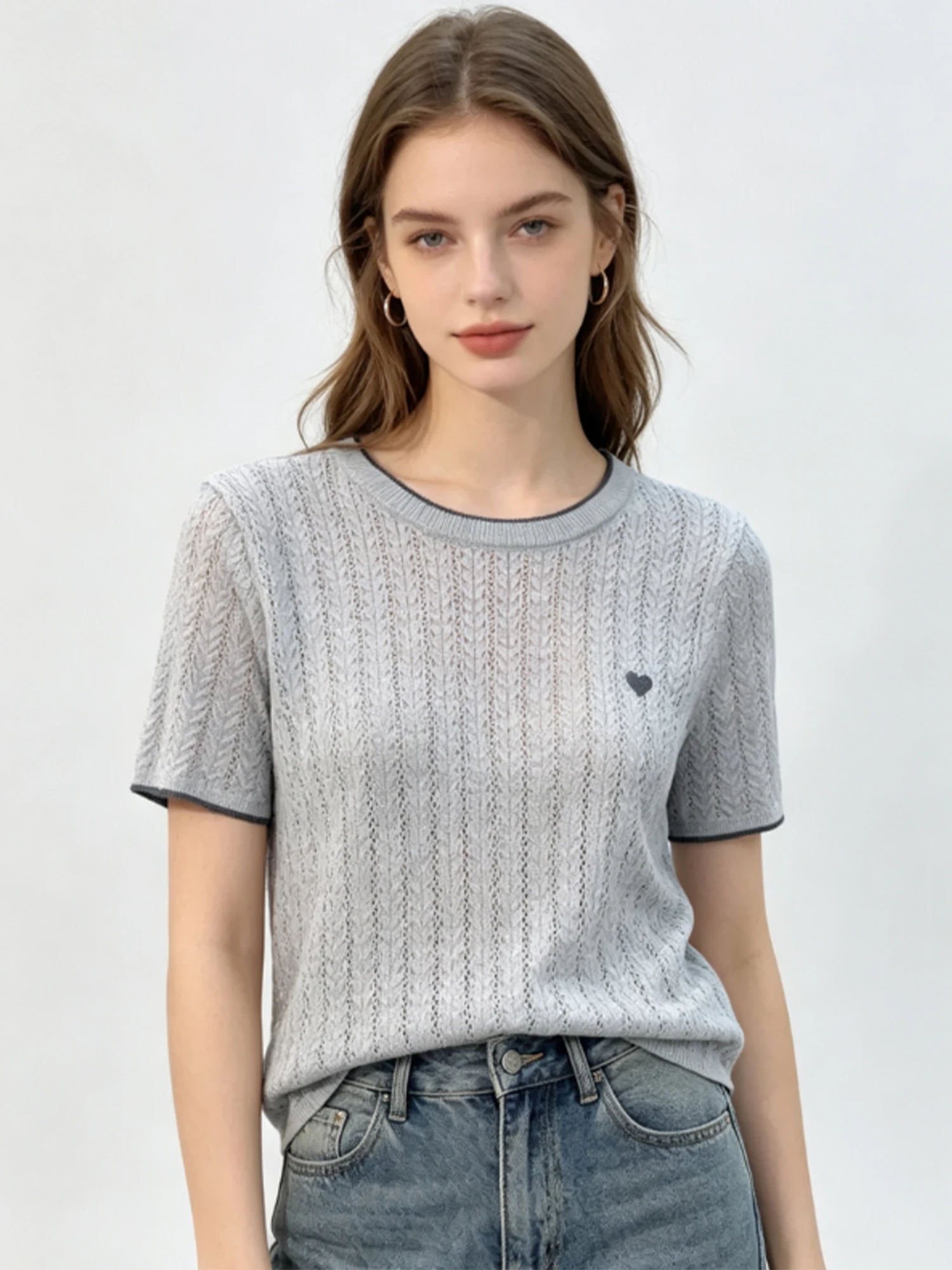 

Women's Grey T-shirt Crew Neck Short Sleeve Knit T-shirt Y2K Gyaru Vintage Knitwear Korean Style Tee Top for Women Summer 2026
