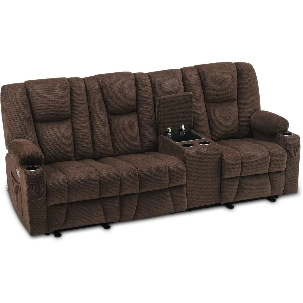 Power Reclining Sofa with Heat and Massage,USB Ports, Cup Holders,3-Seat Dual Recliner Sofa with Console for Living Room