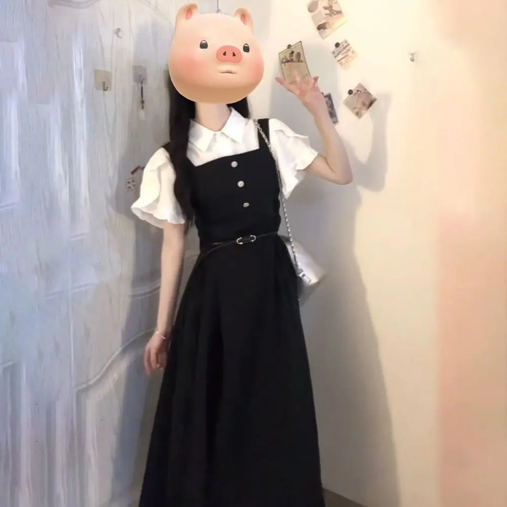 

Sweet Japanese Style Black Strapless Dress Women's Shirt Two-Piece Set Waist-Cinching No-Belt Knot Collar