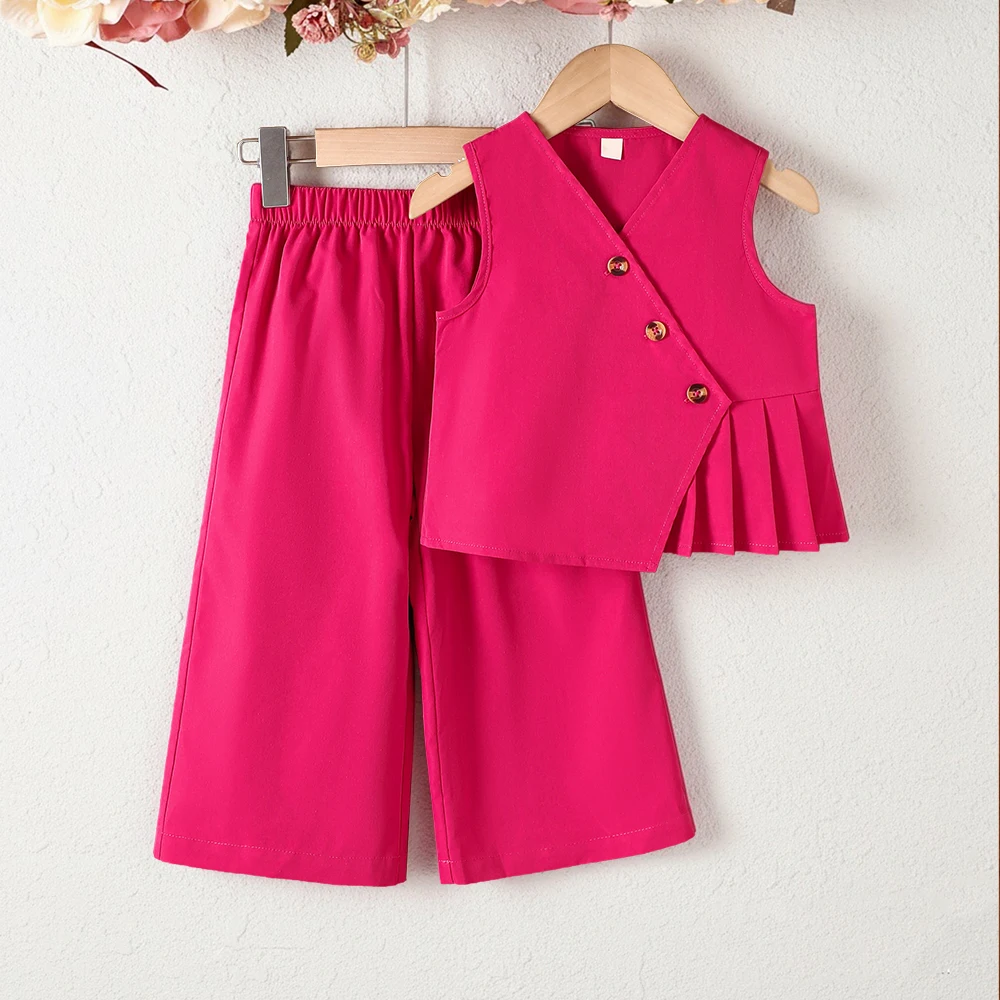 Girls' summer pure-color single-breasted slant placket sleeveless vest top + pants two-piece casual set