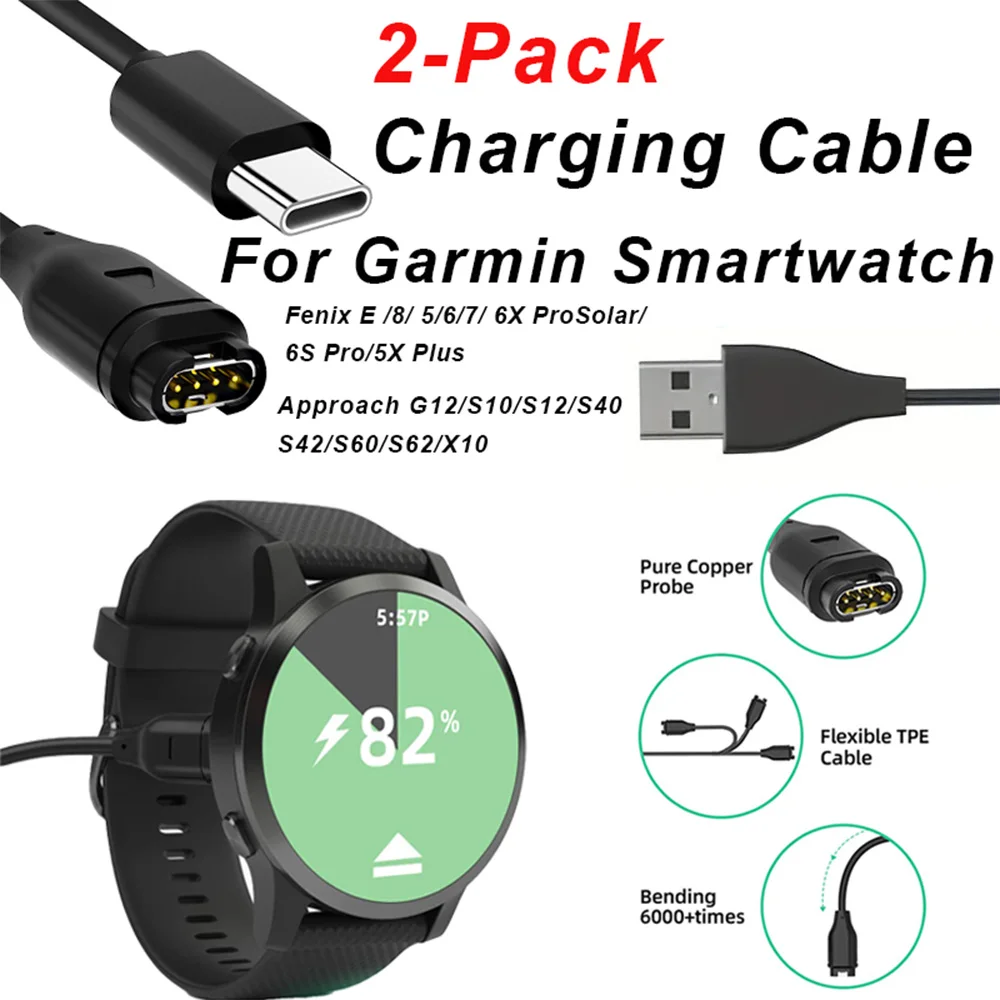 2-Pack Replacement Charger Compatible with Garmin Fenix USB Type-C Smart Watch Charging Cable