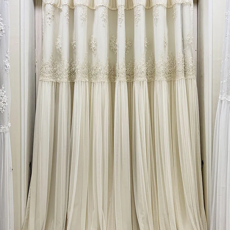 Korean Style Curtain Embroidered Pearl Lace Double Curtains For Bedroom Girl Room Beige Window Drapes For Wedding Room Decom