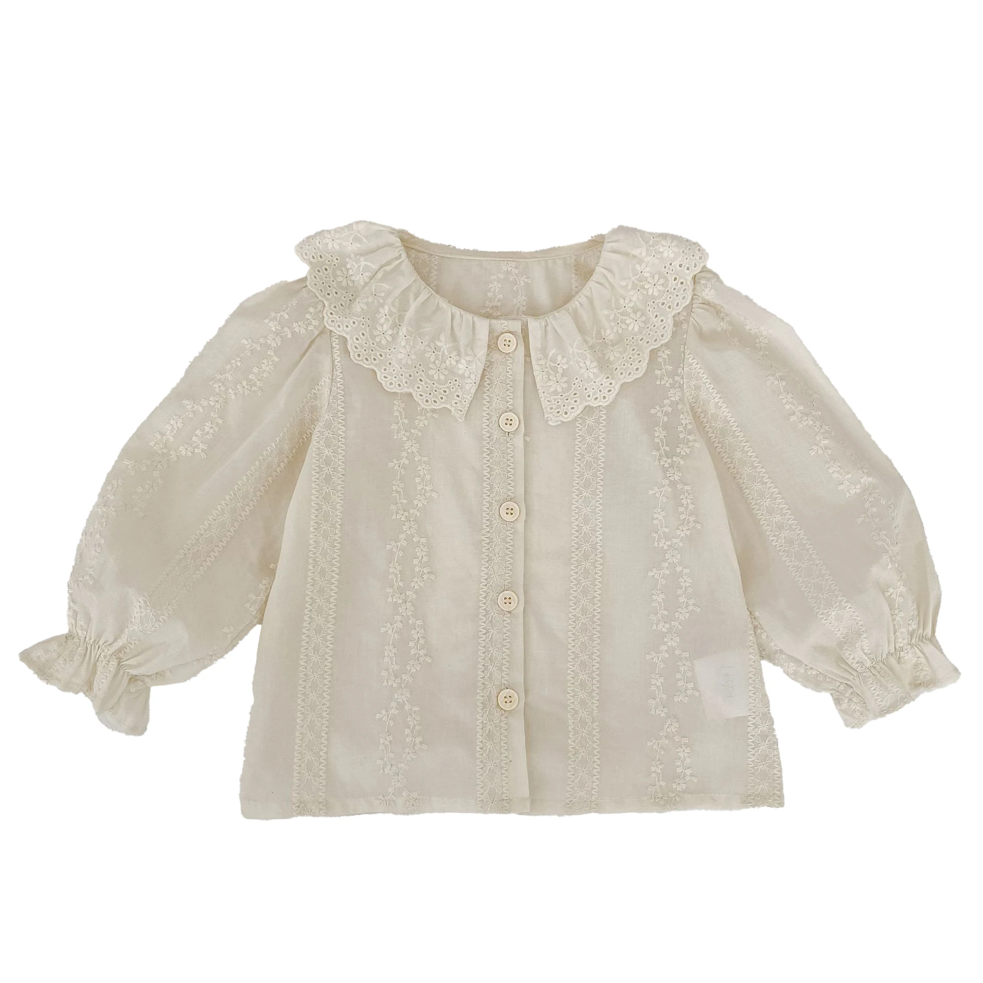 Kleinkind Mädchen Spitzenbluse mit Peter-Pan-Kragen, Vintage-Stickerei, Langarm-Rüschenmanschette, Süße Kinder-Oberteile für Frühling und Herbst – Detail 13