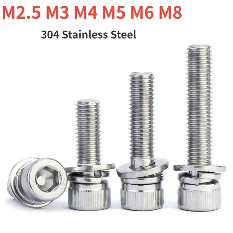 M2.5 M3 M4 M5 M6 M8  Hexagon Socket Head Knurled With Washer Three Combination Machine Screw 304 Stainless Steel Bolts