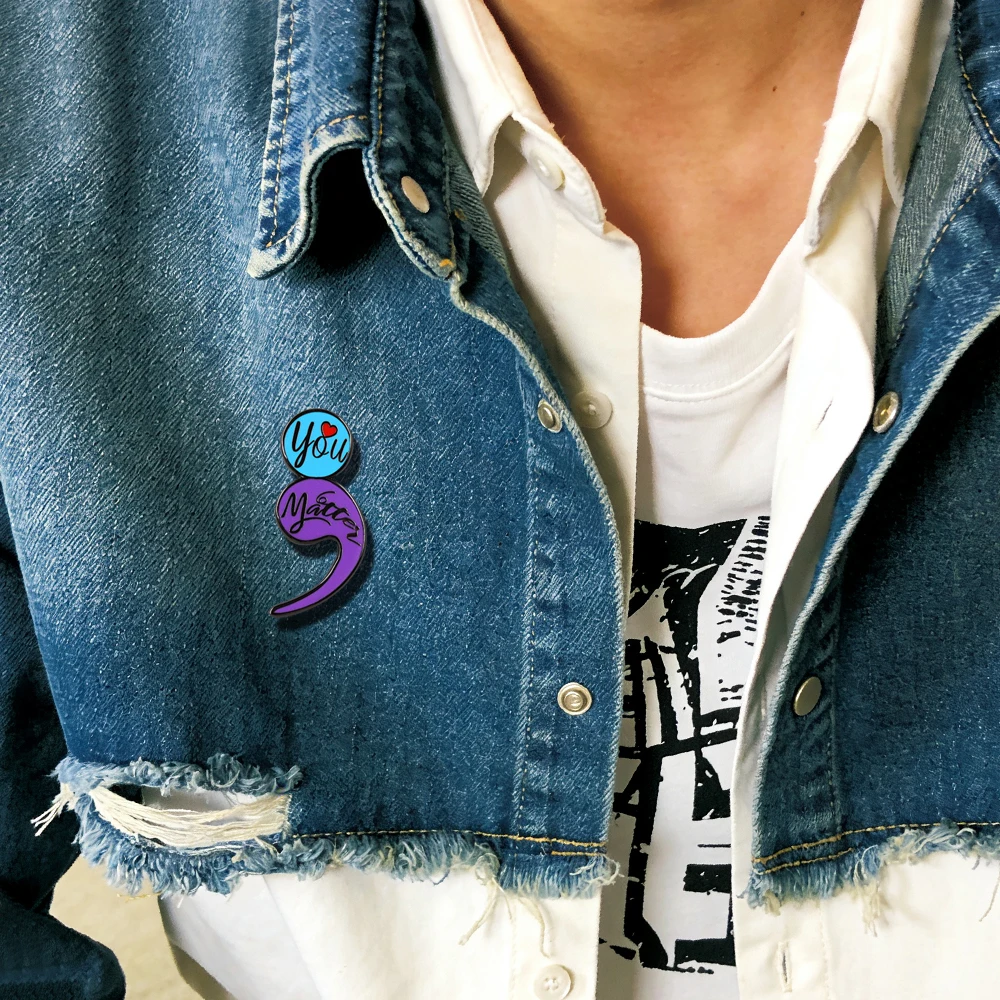 Mental Health Awareness Semicolon Enamel Pin You Matter Heart Brooch Positive Quote Badge Jewelry Gift For Women Men view 5