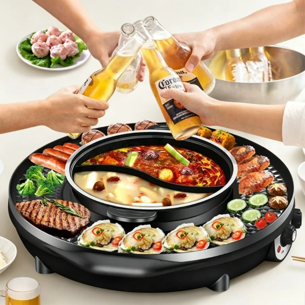 3 in 1 Electric Hot Pot BBQ Grill 2300W Multifunction Portable Home Non-Stick Split Pot Smokeless Skillet Barbecue Pan 220V