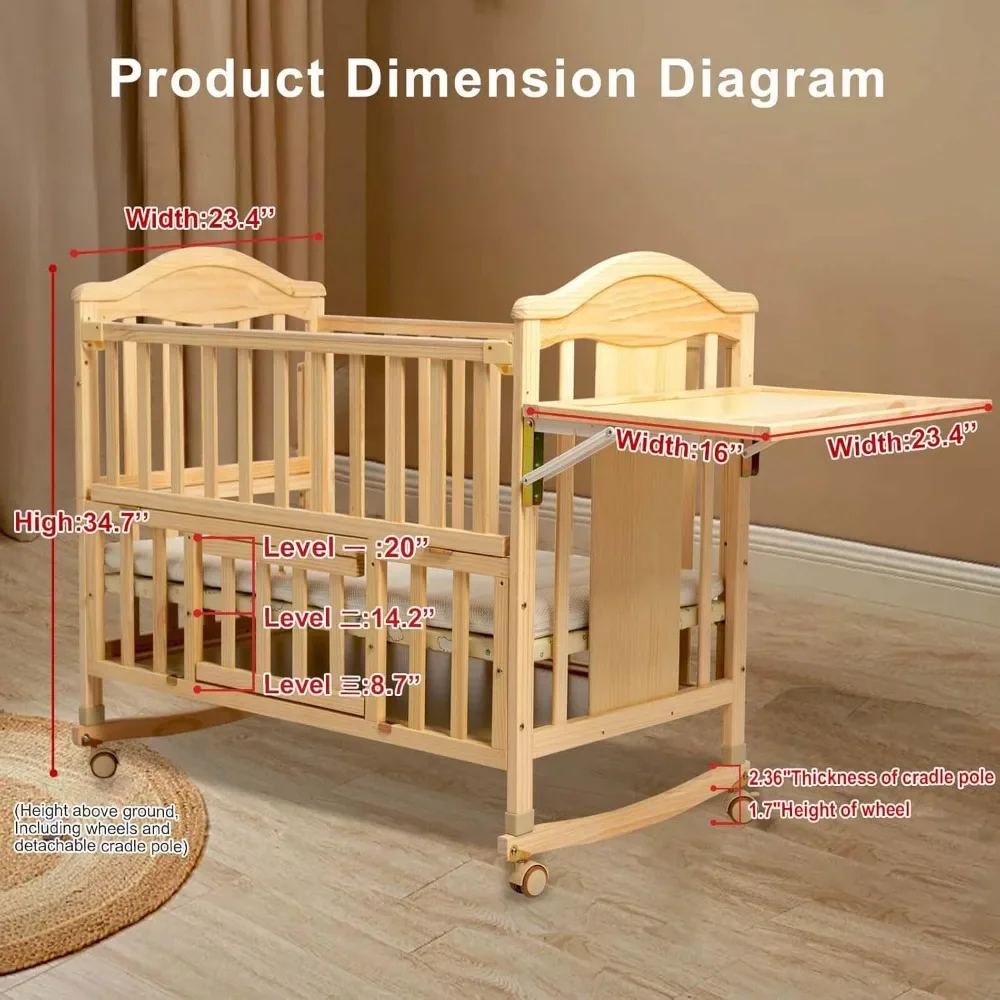 Mini Baby Cribs 4-in-1 Convertible - Cunas Para Bebes with Changing Shelf and Mattress Included,2024 Wood Baby Bassinets Bedside