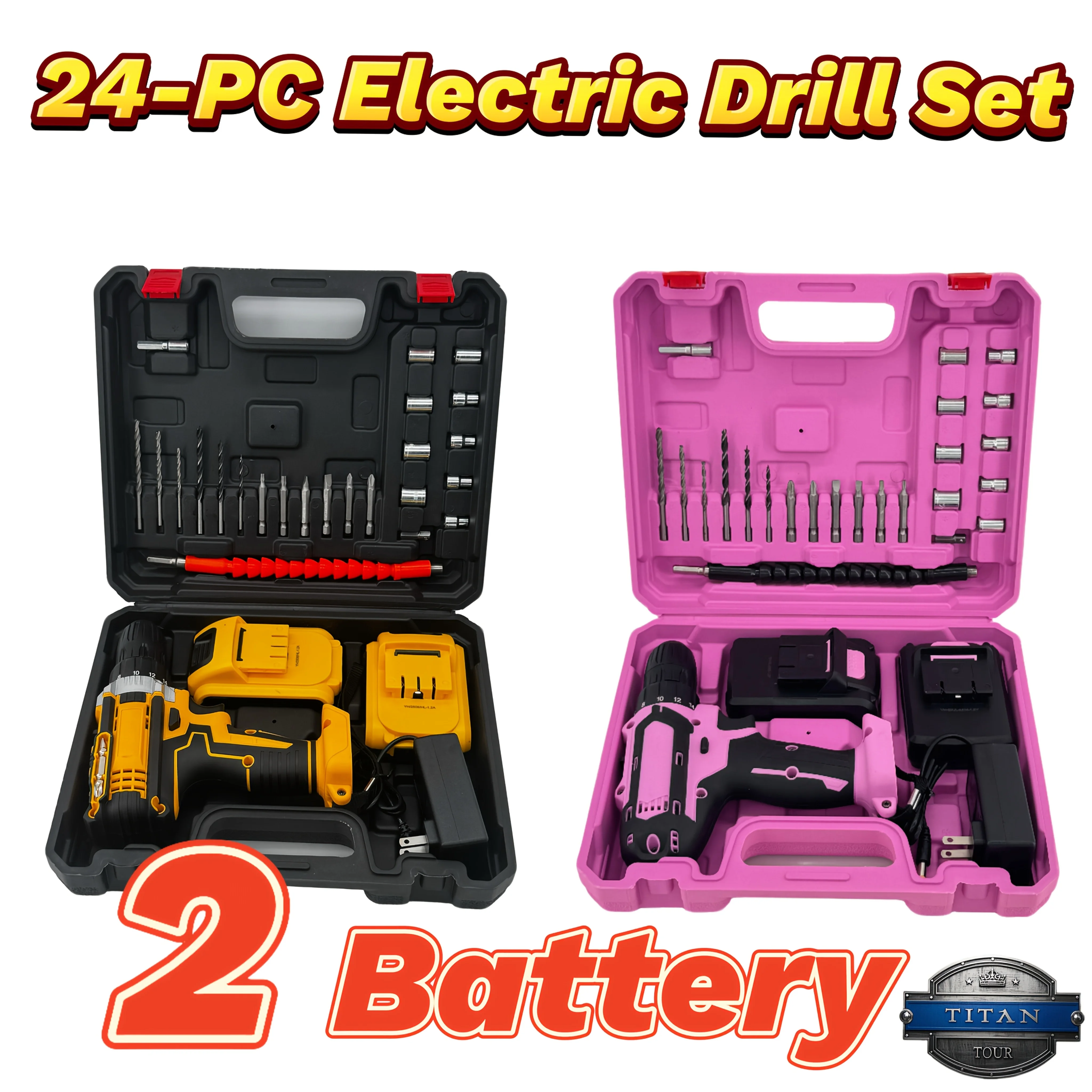 

Pro Auto Repair 24pcs Yellow/Pink Brushless Drill Tool Set | 21V Quick-Swap Dual Batteries (2×1200mAh) | 18+1 Torque | Precision Body Panel/ABS Drilling | Car Chassis Modification Tools | W/ Magnetic Extender & Universal Joint