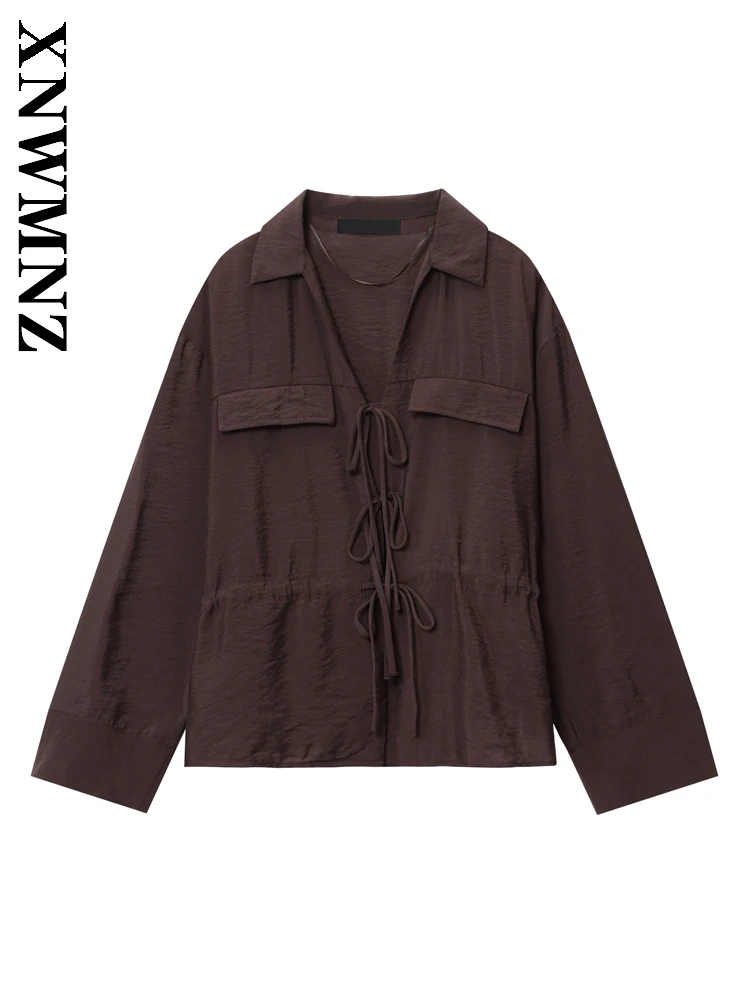 

XNWMNZ Осенняя женская одежда Изысканная японская шифоновая блузка с длинными рукавами Модная женская КОРИЧНЕвая универсальная блузка с бантом