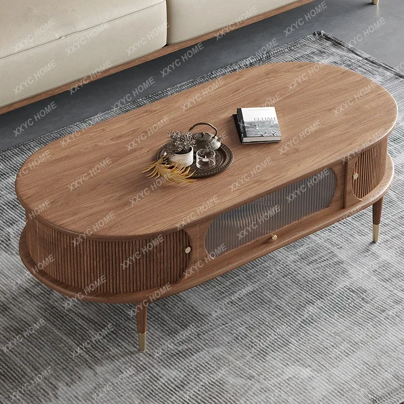 AANorth American Black Walnut Roller Shutter Tea Table Solid Wood Changhong Glass Living Room Table Nordic Simple TV Cabinet Uni