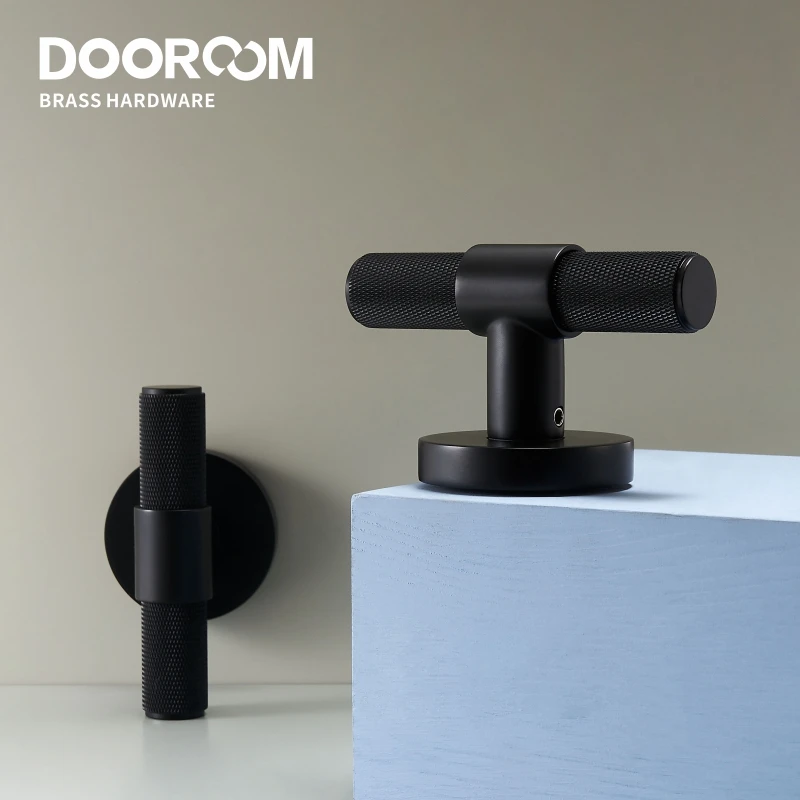 Dooroom Brass Door Lever Set Modern Knurled T-bar Interior Bedroom Bathroom Double Wood Door Lock Set Dummy Knob Hidden Door