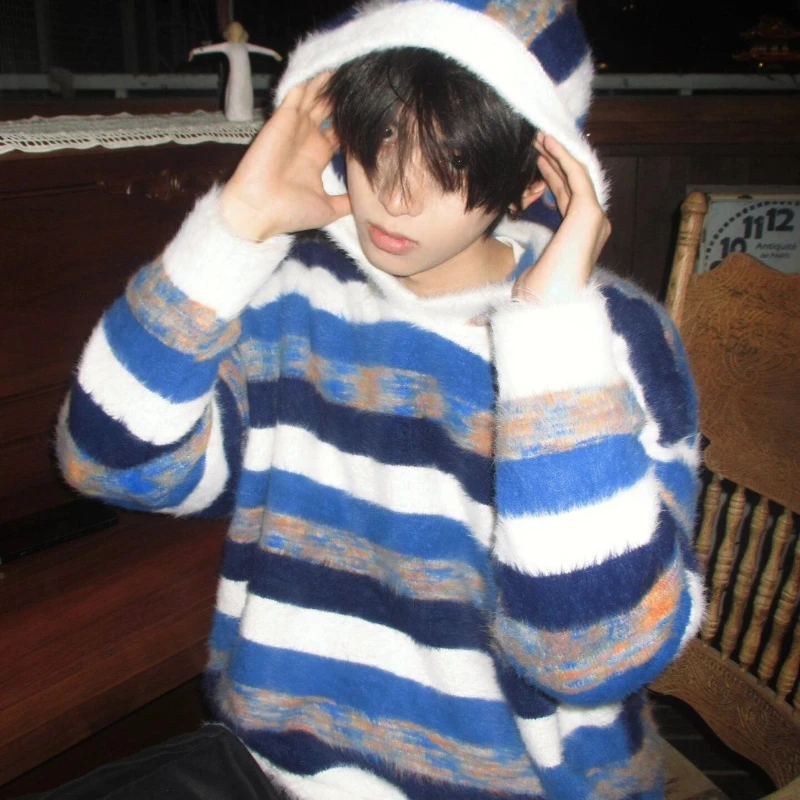 

Lazy Contrast Blue and White Striped Knitted Unisex Autumn and Winter Hooded Pullover Imitation Mink Velvet Loose Casual Jumpers