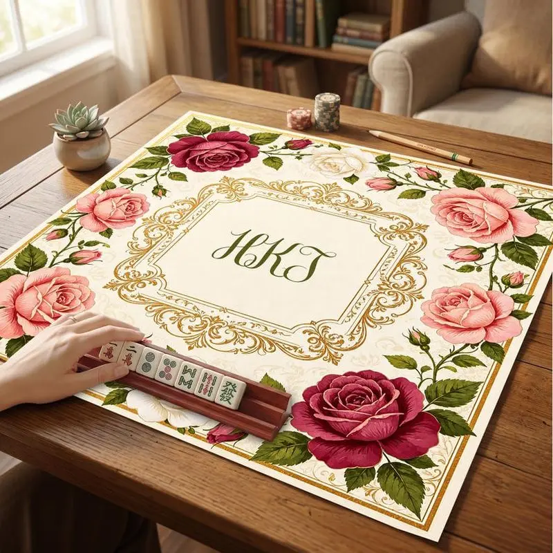 VIKAMA Vintage Golden Frame Rose Mahjong Mat Shock Absorb Noise Reducing American Monogram Game Table Cover