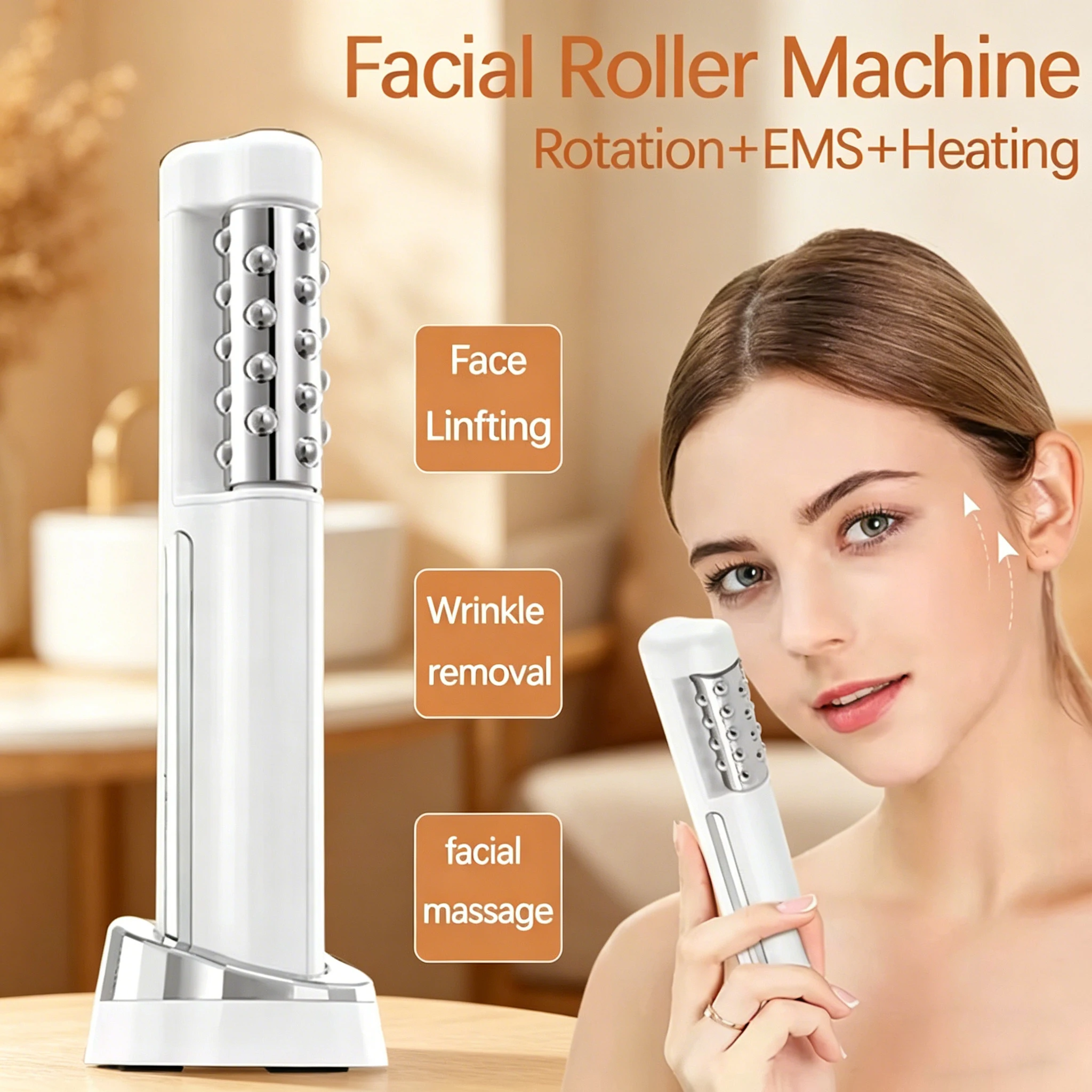 360 Rotating Heated EMS Face Roller Electric Facial Massager for Wrinkle Removal Skin Firming & Lifting, Anti-Aging Beauty Tools