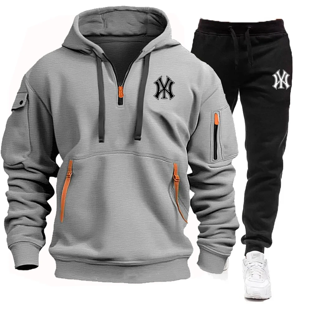 Spring and Autumn Novel Men\'s hooded sweatshirt and sweatpants, two-piece zipper casual sportswear, and multiple running pockets