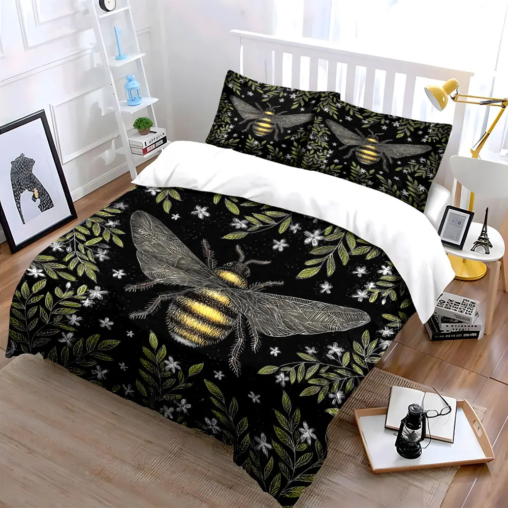 Bee and Plant Black Background Bedding Set for Kids Luxury Gift 3pcs Digital Print Comforter Set Soft Comfortable Breathable
