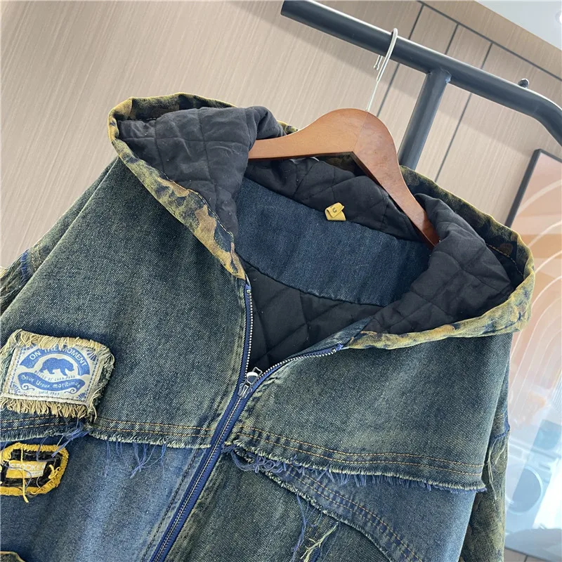 Thickened Warm Denim Jacket Women\'s Autumn And Winter New Personalized Hooded Washed Streetwear Single Breasted Cotton Clothes