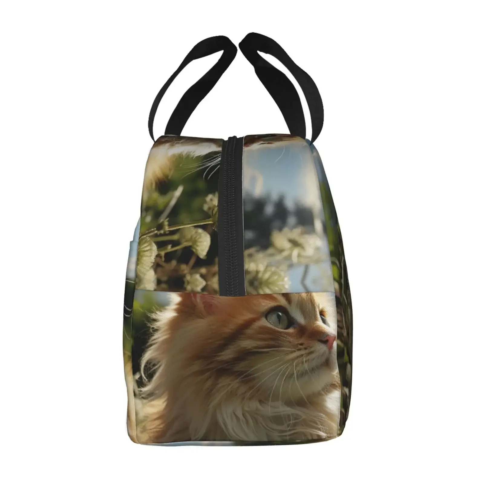 Cat Sitting In Green Fie Insulated Lunch Bag Lunch Box for Women Men Leakproof Thermal Lunch Tote Bag with Handle Small Lunchbox