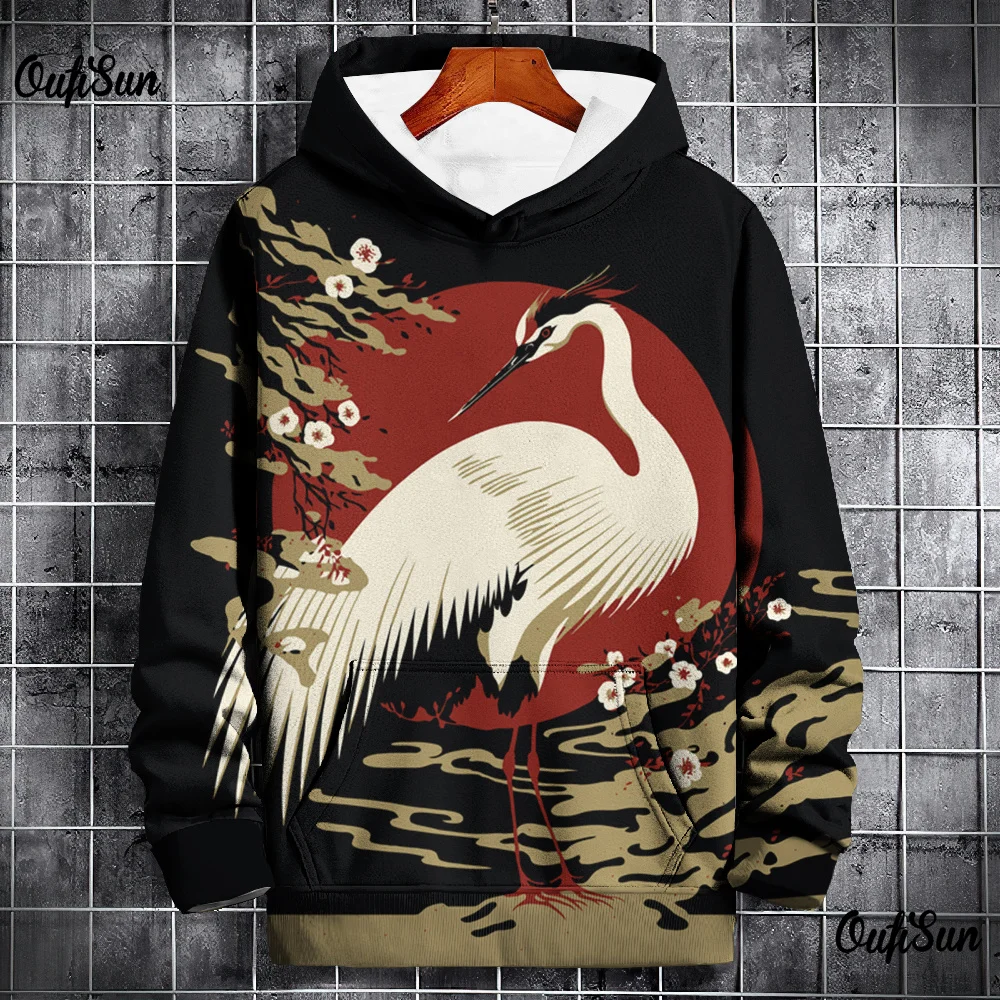 

Animal Hoodies For Men 3d Crane Print High-Quality Men Clothing Daily Casual Long Sleeved Loose Oversized Pullover Harajuku Tops