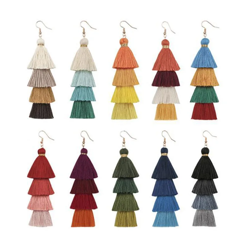 Boho 4 Layered Tassel Drop Earrings For Women Ethnic Long Fringe Statement Dangle Earring Girls Trendy Jewelry Gift