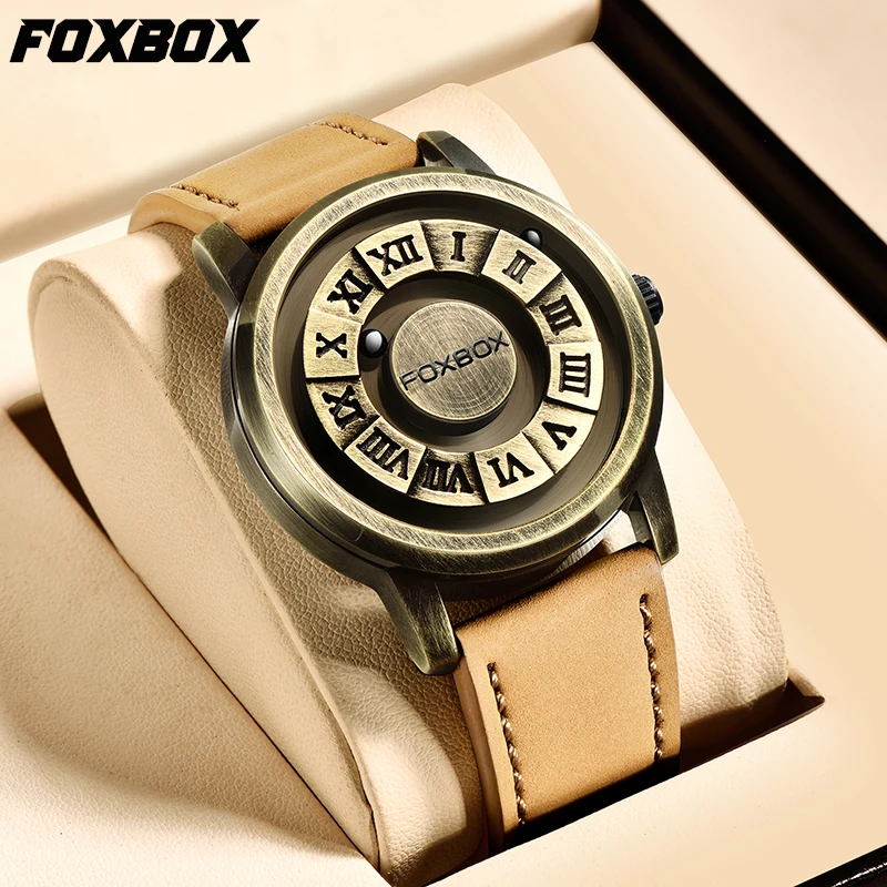 LIGE FOXBOX Top Brand Magnetic Quartz Man Watch Fashion Sport Leather Strap Retro Clock Srolling Bead Waterproof Watches for Men