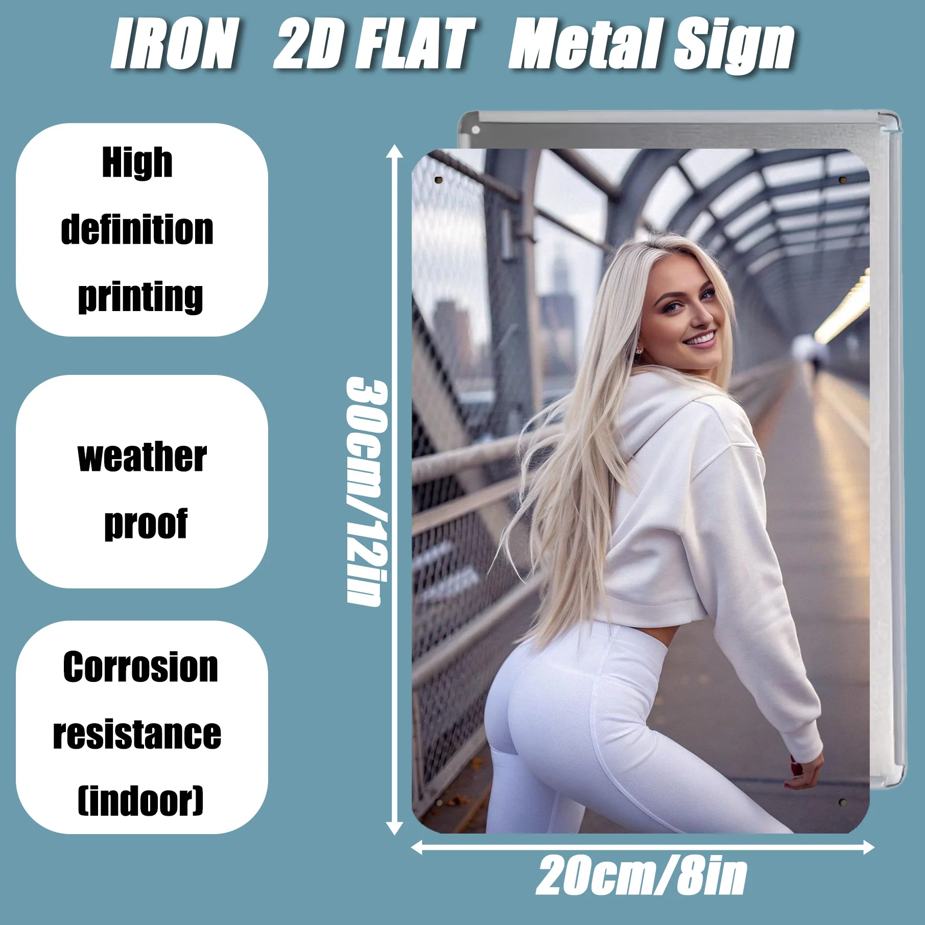 8x12 Inch 2D Flat Retro Blonde Lady Metal Sign, White Outfit Design, Easy Install Durable Wall Decor for Man Cave Garden Office