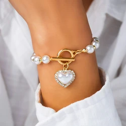 Boho Fashion Bracelets For Women New Vintage Crystal Pearl Heart Pendant Gold Color Jewelry Gift For Female B040